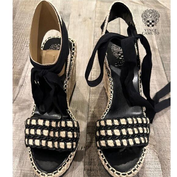 Vince Camuto Brisshel Leather Espadrille Wedge Sandal | Black & Natual | Sz 8.5 - Picture 2 of 13